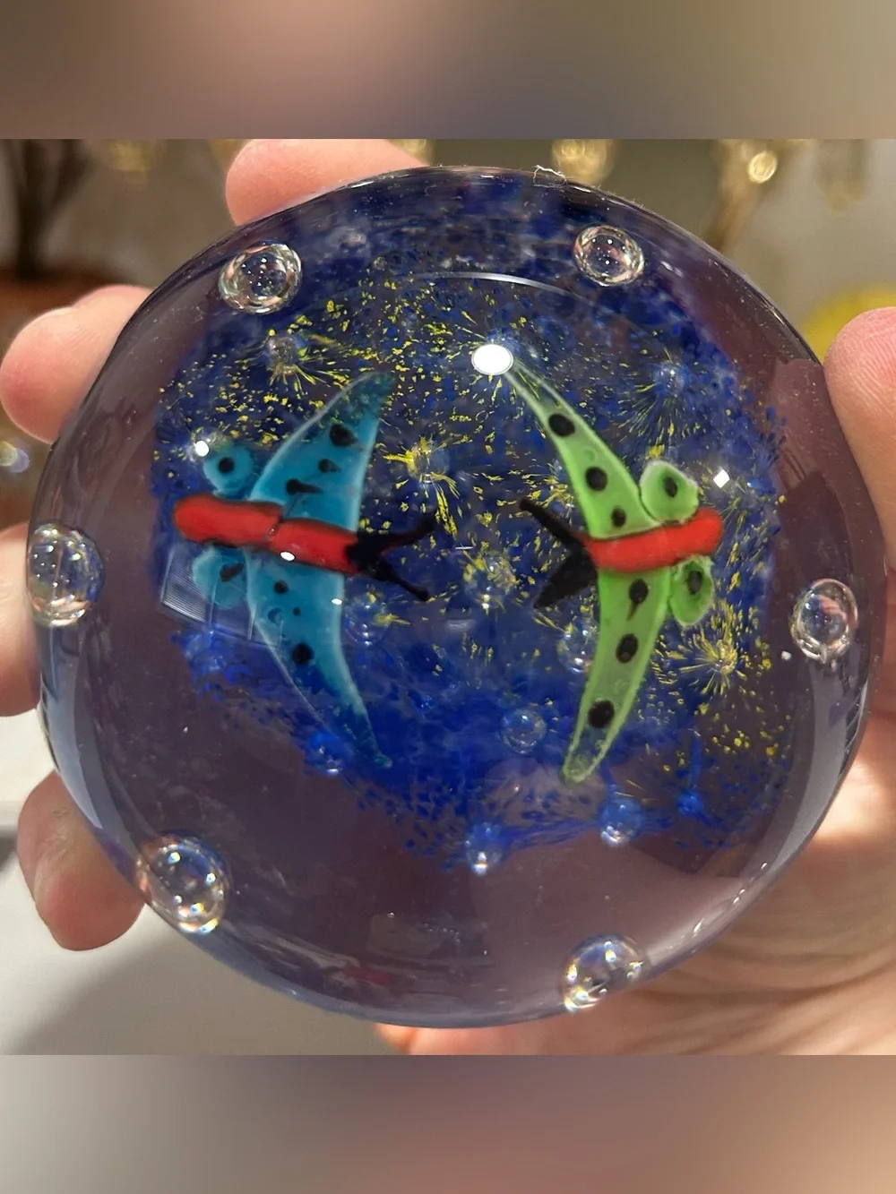 Art Glass Controlled Bubble / Butterfly & Flower paperweight. Like New